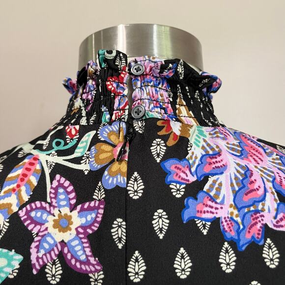 Loft Black Floral Mock Neck Long Sleeve Babydoll Dress Size 10 Petite - Picture 7 of 11